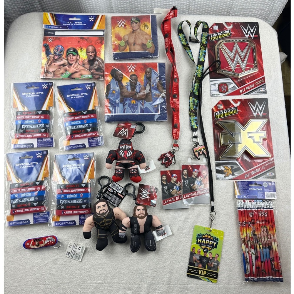 WWE Toy & Merchandise Lot Belts Plush Lanyards Bracelets Pencils‎ Napkins WWE